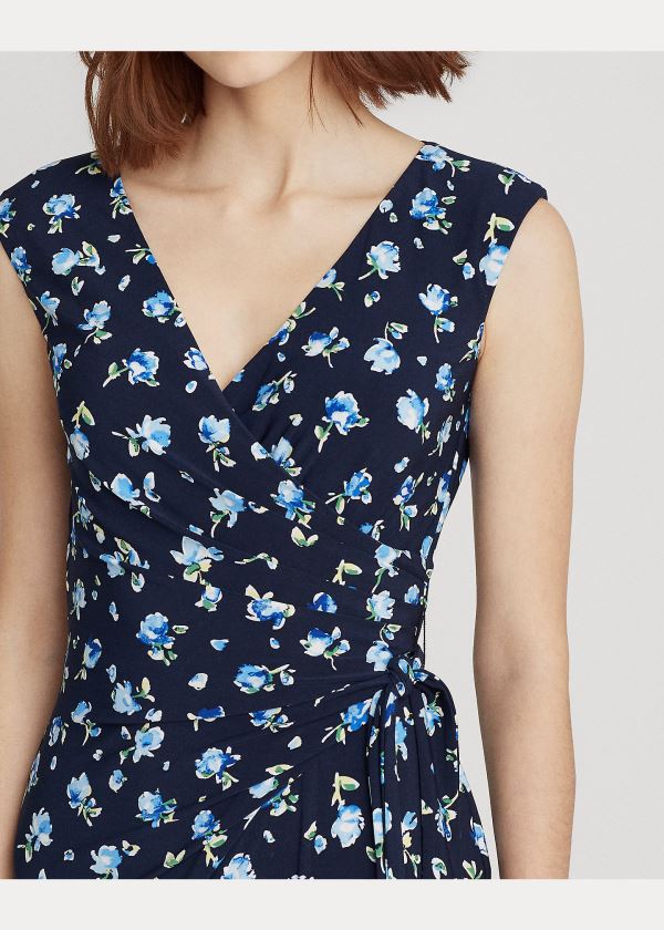 Ralph Lauren Floral Jersey Wrap-Style Šaty Tmavě Blankyt Blankyt Viacfarebný | EFIR3Ets