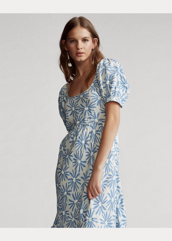Ralph Lauren Floral Linen Šaty Blankyt | qEd1sJGN