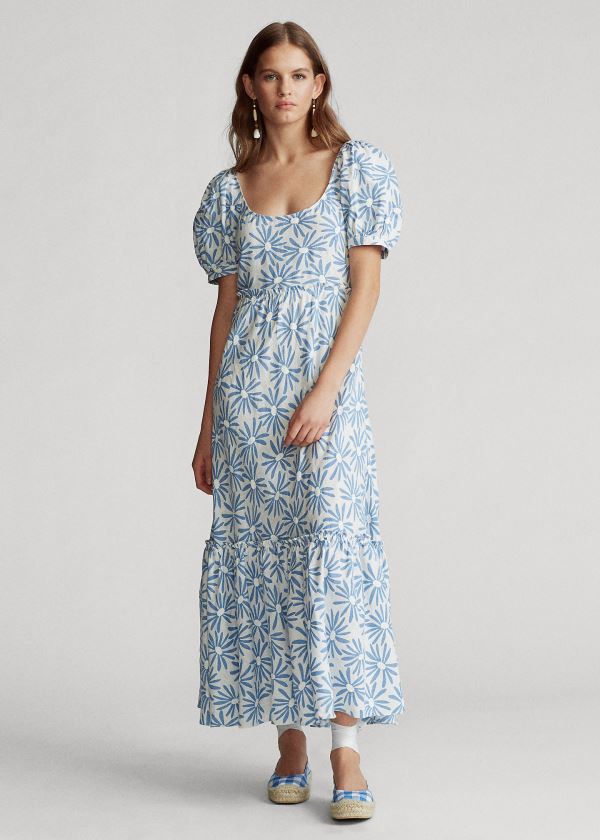 Ralph Lauren Floral Linen Šaty Blankyt | qEd1sJGN