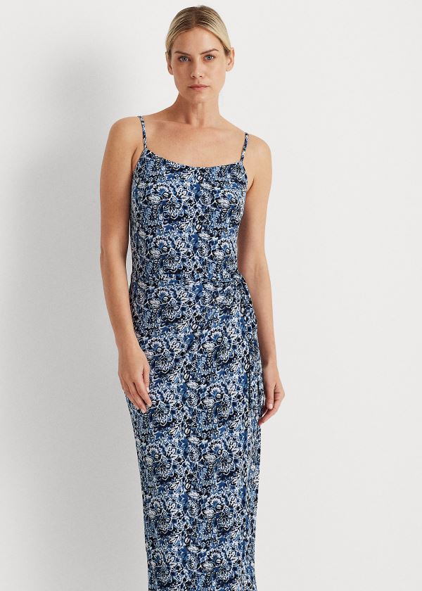 Ralph Lauren Floral Midi Jersey Šaty Světle Tmavě Blankyt Blankyt Viacfarebný | Ayyu8SXo