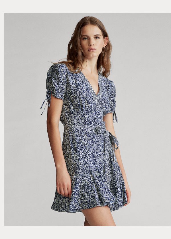 Ralph Lauren Floral-Print Wrap Šaty Tmavě Blankyt Viacfarebný | tC4WAHyY
