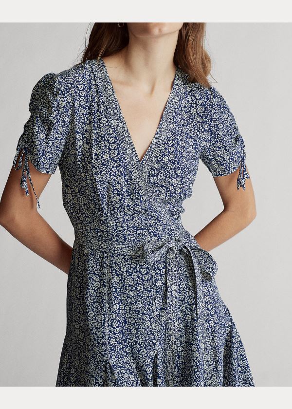 Ralph Lauren Floral-Print Wrap Šaty Tmavě Blankyt Viacfarebný | tC4WAHyY