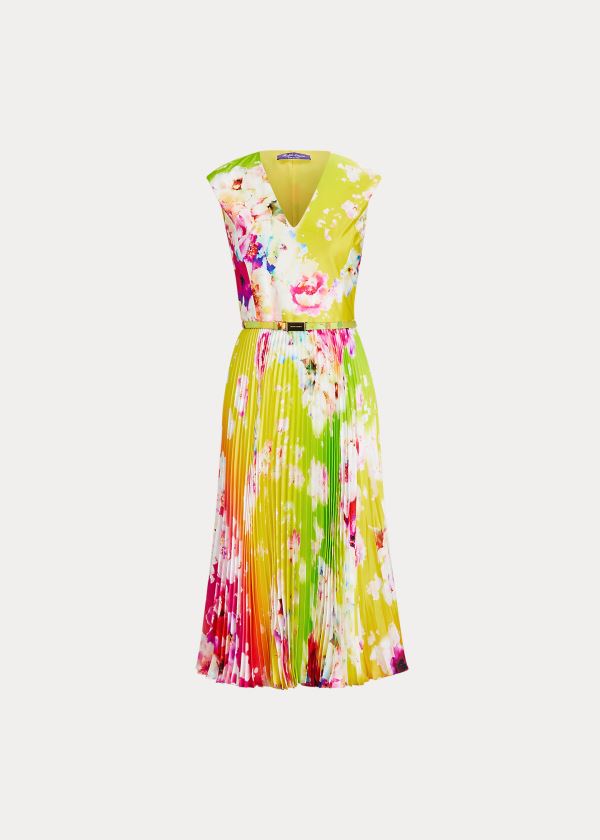 Ralph Lauren Fonda Ombré-Floral Silk Šaty Růžové Žluté Zelene | k89WJGDF