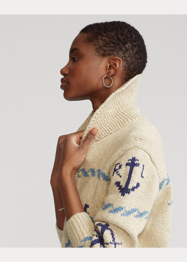 Ralph Lauren Full-Zip Shawl Cardigan Krém Viacfarebný | WbhYNlHD
