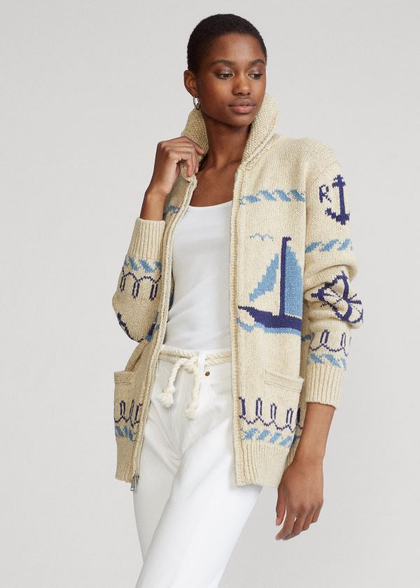 Ralph Lauren Full-Zip Shawl Cardigan Krém Viacfarebný | WbhYNlHD