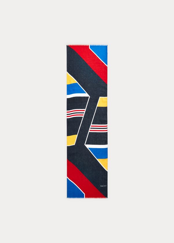 Ralph Lauren Geometric Linen Scarf Tmavě Blankyt Červené Zelene Žluté | rbhYDNKB