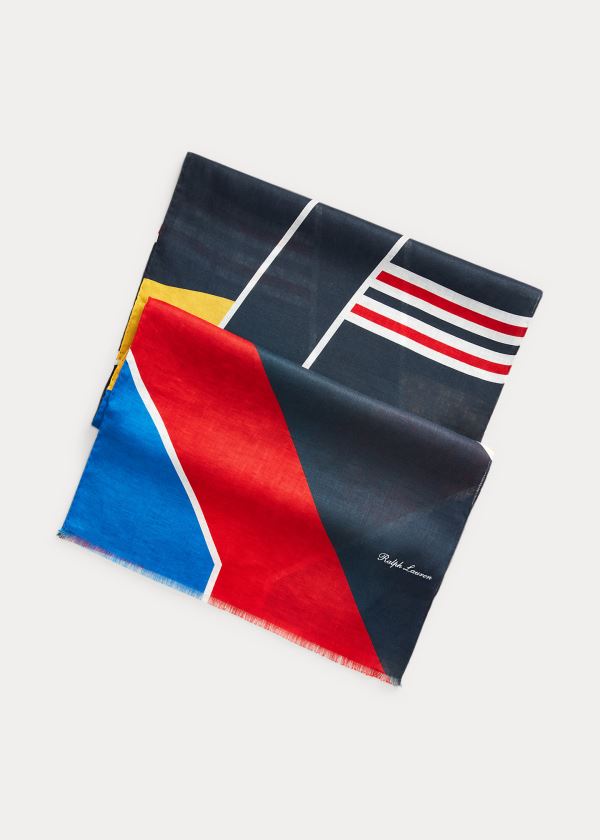 Ralph Lauren Geometric Linen Scarf Tmavě Blankyt Červené Zelene Žluté | rbhYDNKB
