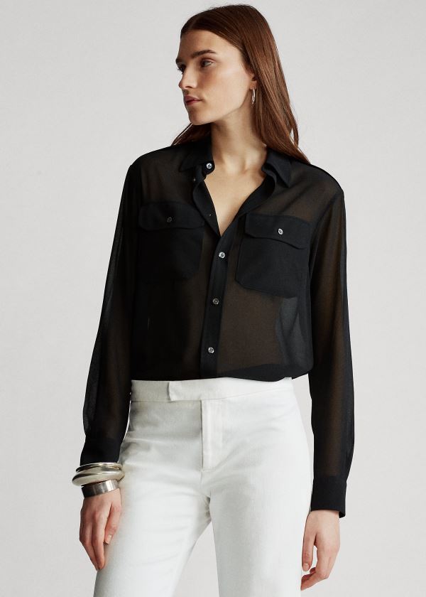 Ralph Lauren Georgette Military Shirt Černé | NnX32vaP