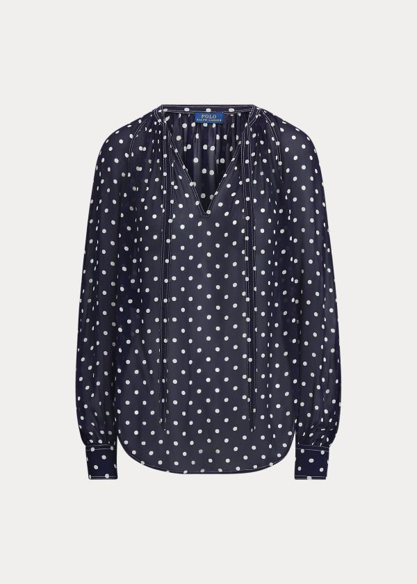 Ralph Lauren Georgette Tie-Neck Shirt Tmavě Blankyt Bílé | cBkptaa5
