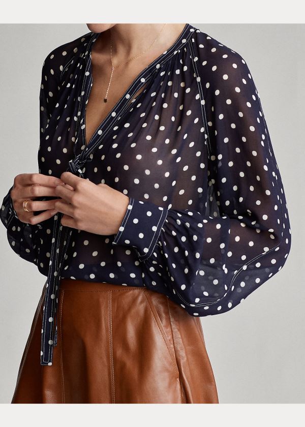 Ralph Lauren Georgette Tie-Neck Shirt Tmavě Blankyt Bílé | cBkptaa5