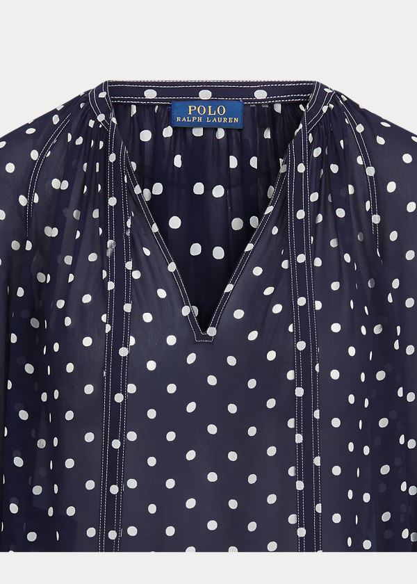 Ralph Lauren Georgette Tie-Neck Shirt Tmavě Blankyt Bílé | cBkptaa5