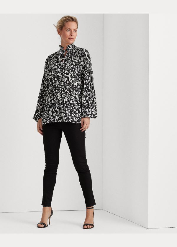 Ralph Lauren Georgette Tie-Neck Top Černé Bílé | ZsWxBnjV