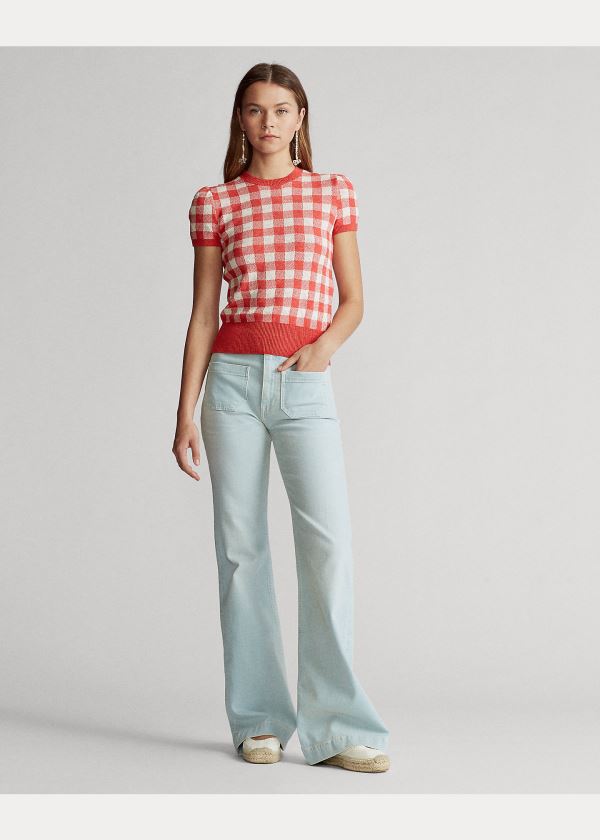 Ralph Lauren Gingham Krátké-Sleeve Svetrové Růžové Viacfarebný | wXAGQtB2