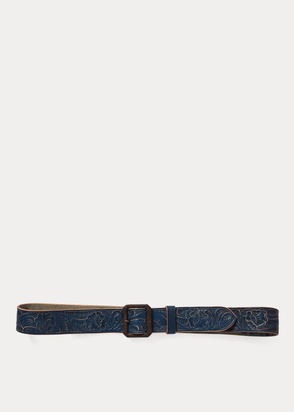 Ralph Lauren Hand-Tooled Læder Belt Indigo | IQbLKbIr
