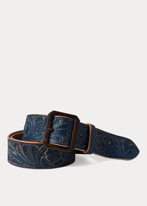 Ralph Lauren Hand-Tooled Læder Belt Indigo | IQbLKbIr