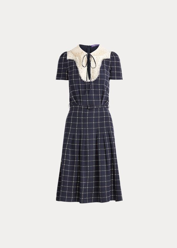 Ralph Lauren Hayes Krajkové-Collar Silk Šaty Tmavě Blankyt Krém | z206Km5Q