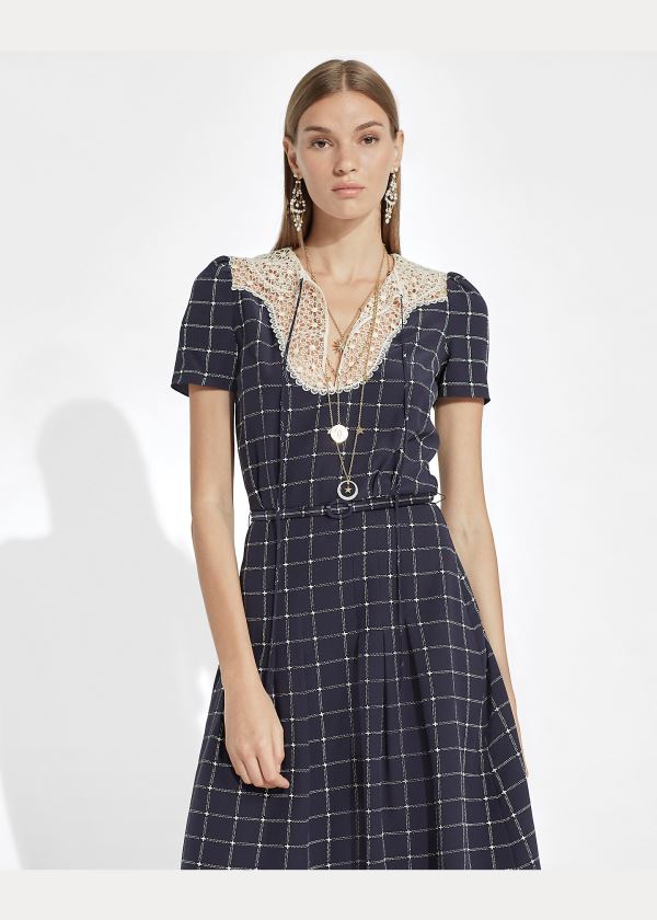 Ralph Lauren Hayes Krajkové-Collar Silk Šaty Tmavě Blankyt Krém | z206Km5Q