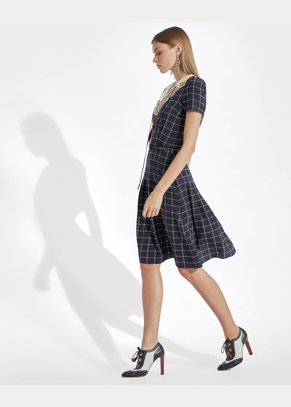 Ralph Lauren Hayes Krajkové-Collar Silk Šaty Tmavě Blankyt Krém | z206Km5Q