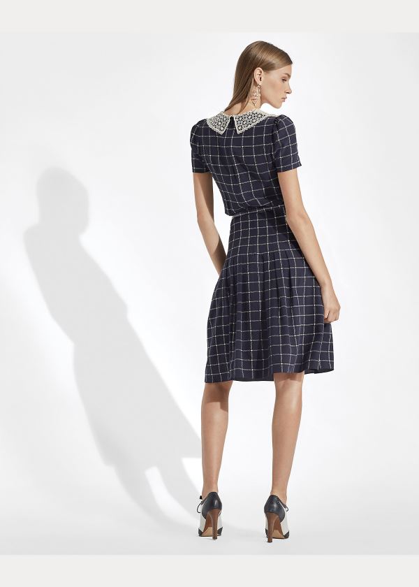Ralph Lauren Hayes Krajkové-Collar Silk Šaty Tmavě Blankyt Krém | z206Km5Q