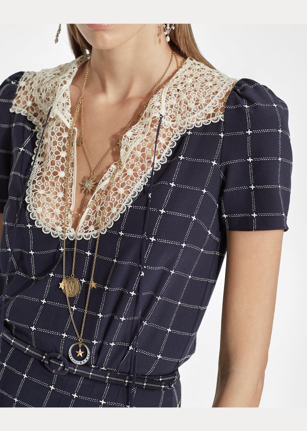 Ralph Lauren Hayes Krajkové-Collar Silk Šaty Tmavě Blankyt Krém | z206Km5Q