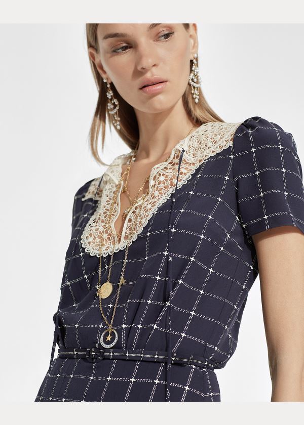 Ralph Lauren Hayes Krajkové-Collar Silk Šaty Tmavě Blankyt Krém | z206Km5Q