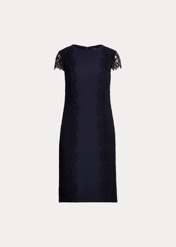 Ralph Lauren Jersey-Krajkové Cocktail Šaty Tmavě Blankyt | lzyUI2UF