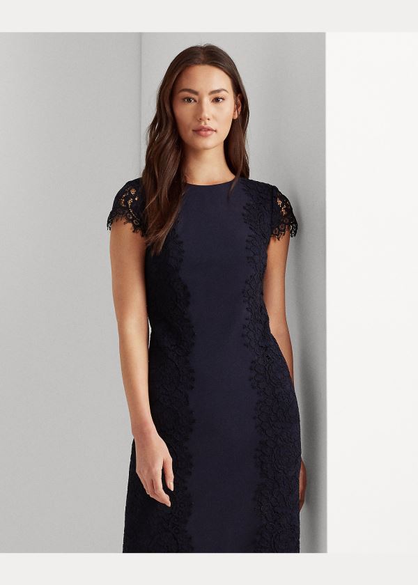 Ralph Lauren Jersey-Krajkové Cocktail Šaty Tmavě Blankyt | lzyUI2UF