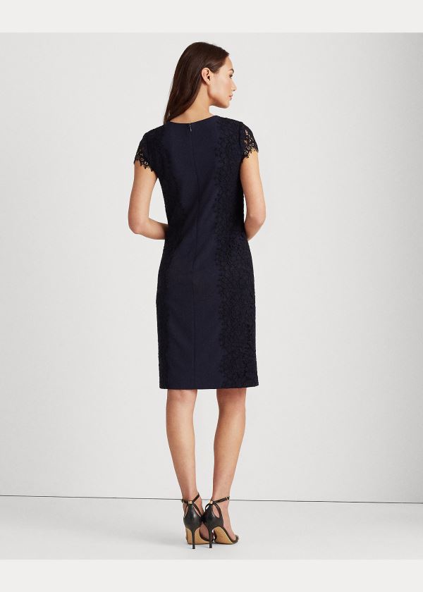 Ralph Lauren Jersey-Krajkové Cocktail Šaty Tmavě Blankyt | lzyUI2UF