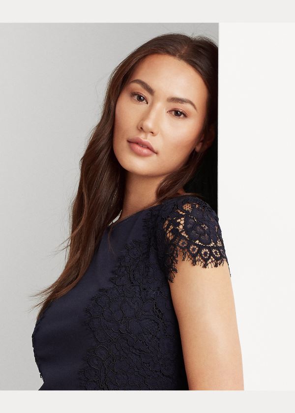 Ralph Lauren Jersey-Krajkové Cocktail Šaty Tmavě Blankyt | lzyUI2UF