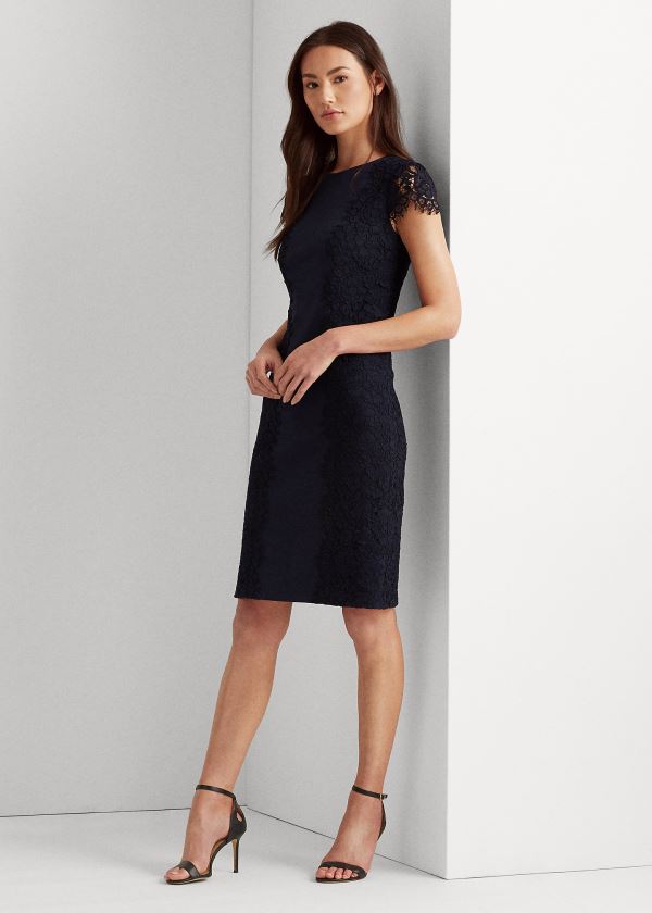 Ralph Lauren Jersey-Krajkové Cocktail Šaty Tmavě Blankyt | lzyUI2UF