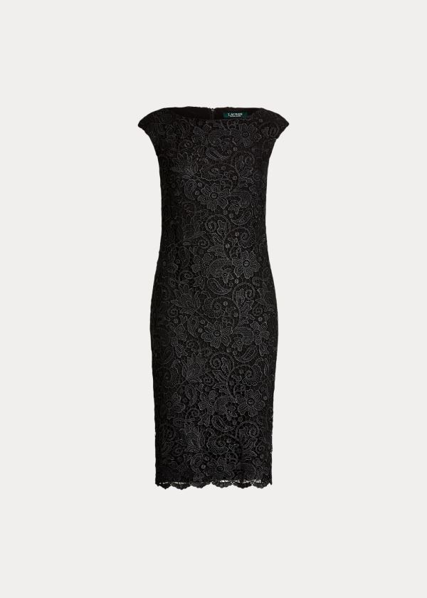 Ralph Lauren Krajkové Cap-Sleeve Šaty Černé | Vm6o9whS