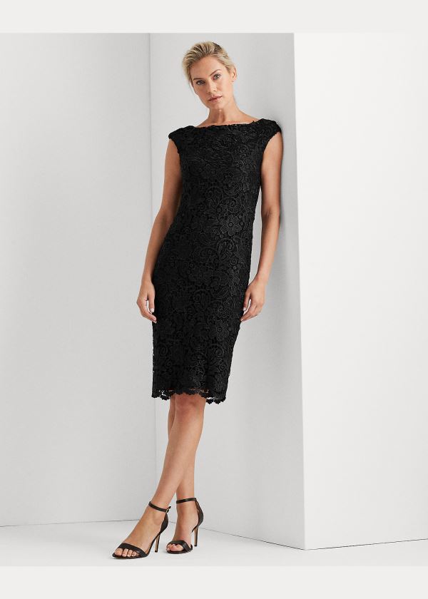 Ralph Lauren Krajkové Cap-Sleeve Šaty Černé | Vm6o9whS