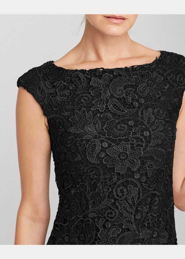 Ralph Lauren Krajkové Cap-Sleeve Šaty Černé | Vm6o9whS