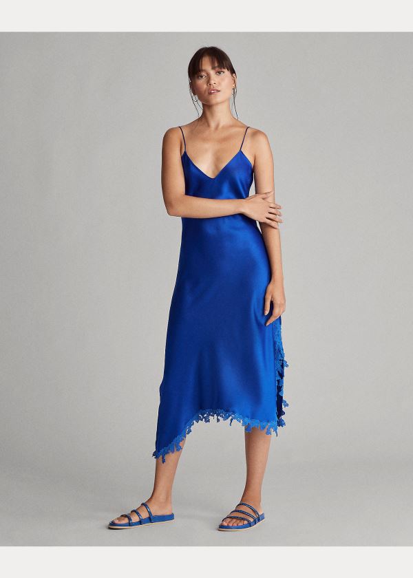Ralph Lauren Krajkové-Trim Satin Slip Šaty Blankyt | foAbOMIz