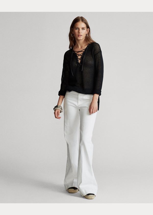Ralph Lauren Krajkové-Up Linen Knit Top Černé | 0qoceMwM