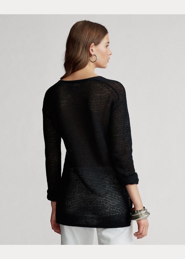 Ralph Lauren Krajkové-Up Linen Knit Top Černé | 0qoceMwM