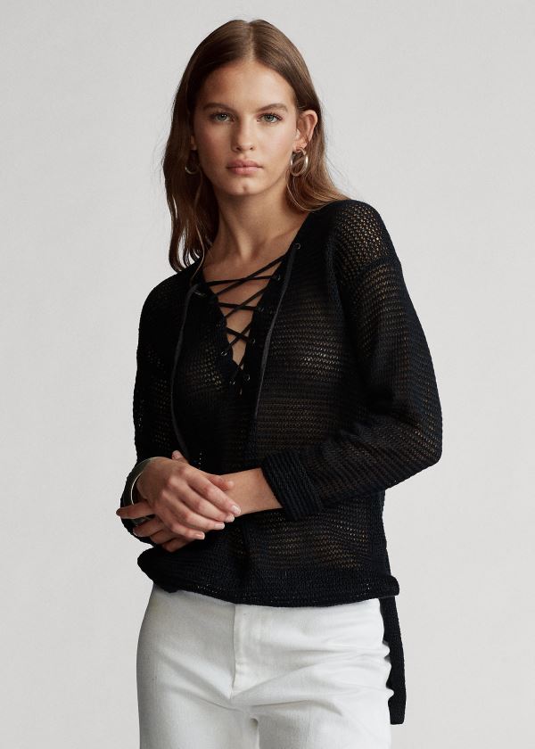 Ralph Lauren Krajkové-Up Linen Knit Top Černé | 0qoceMwM