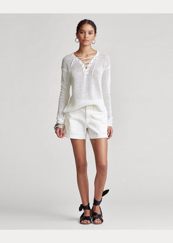 Ralph Lauren Krajkové-Up Linen Knit Top Bílé | 3Q7C3jvR