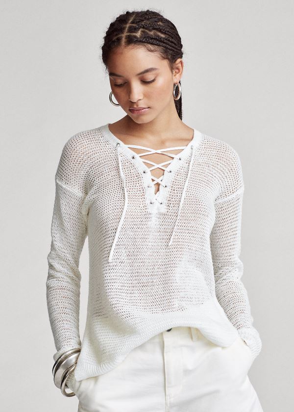 Ralph Lauren Krajkové-Up Linen Knit Top Bílé | 3Q7C3jvR