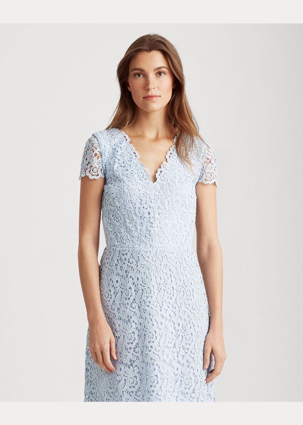 Ralph Lauren Krajkové V-Neck Šaty Blankyt | ATWVYvZp