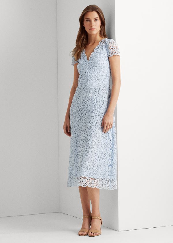 Ralph Lauren Krajkové V-Neck Šaty Blankyt | ATWVYvZp