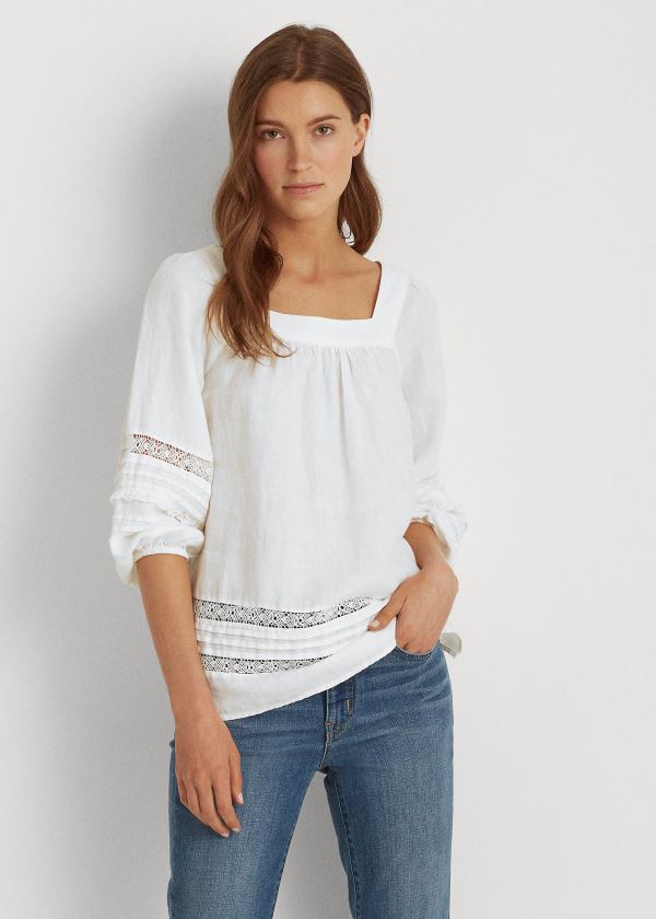 Ralph Lauren Linen Balloon-Sleeve Top Bílé | czrX1MW3