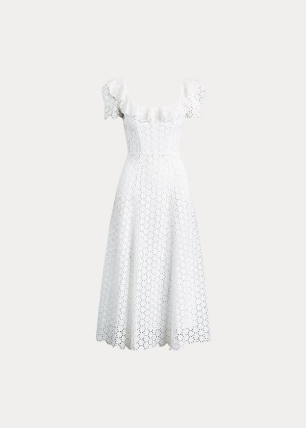 Ralph Lauren Linen Eyelet Midi Šaty Bílé | 2GXJLGBc
