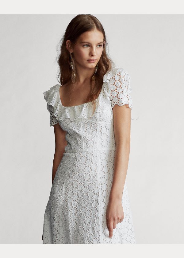 Ralph Lauren Linen Eyelet Midi Šaty Bílé | 2GXJLGBc