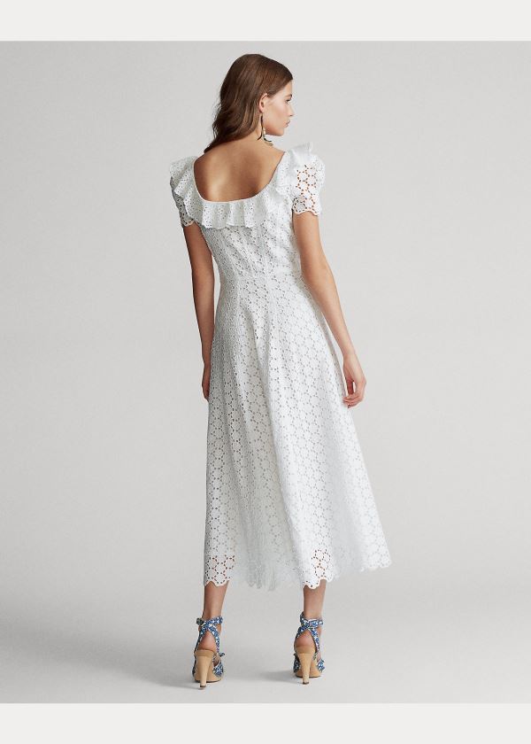 Ralph Lauren Linen Eyelet Midi Šaty Bílé | 2GXJLGBc