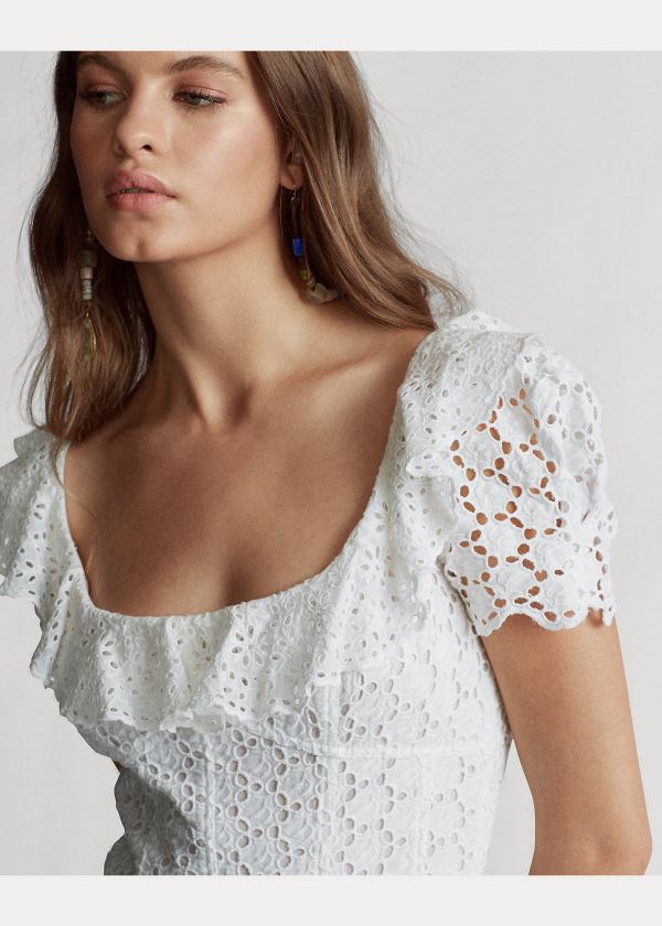 Ralph Lauren Linen Eyelet Midi Šaty Bílé | 2GXJLGBc
