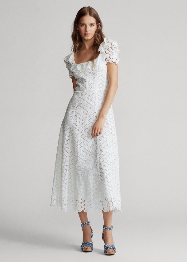 Ralph Lauren Linen Eyelet Midi Šaty Bílé | 2GXJLGBc