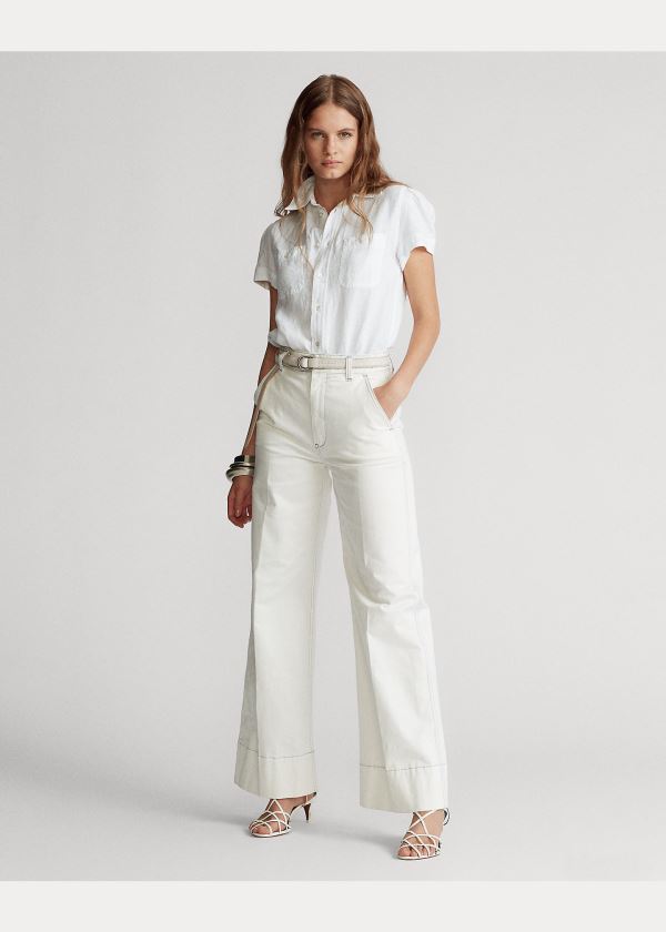 Ralph Lauren Linen Krátké-Sleeve Shirt Bílé | HFYc4jmt