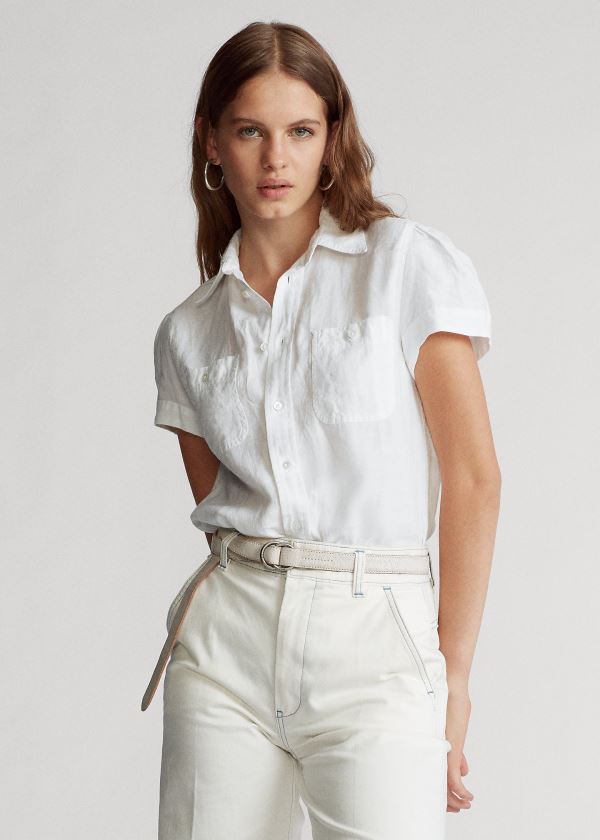 Ralph Lauren Linen Krátké-Sleeve Shirt Bílé | HFYc4jmt