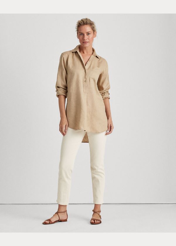 Ralph Lauren Linen Long-Sleeve Shirt Hnědožlutý | DqCTvo3M
